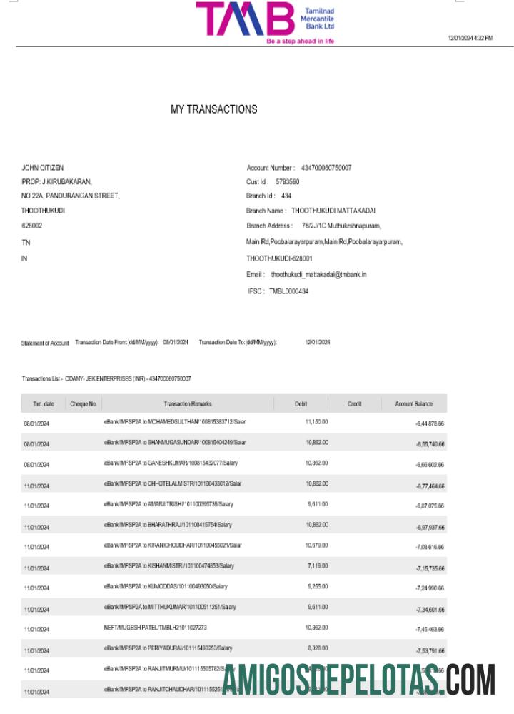 Extrato bancário da Índia TAB para download, modelo Word e PDF, 2 páginas